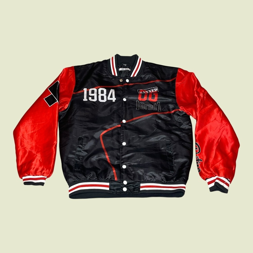 Retro Label 1984 Banned Bred The Legacy Varsity Jacket Mens Medium Black Red